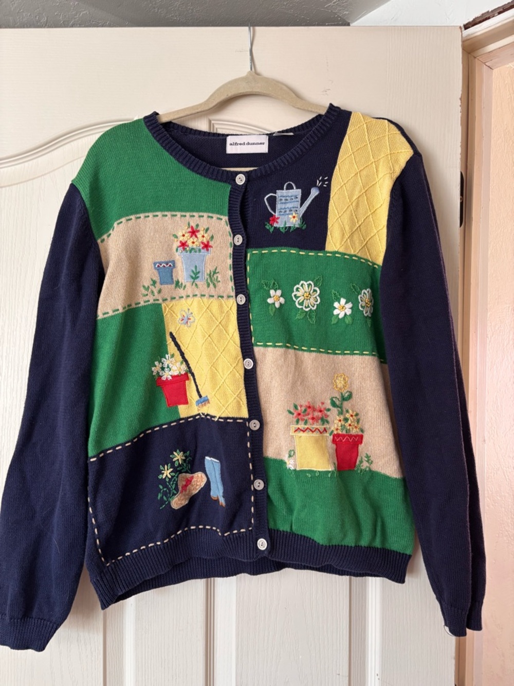 Alfred Dunner Navy Green Yellow Patchwork Garden Embroidered Cardigan